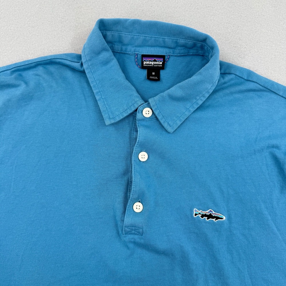 Patagonia Organic Cotton Short Sleeve Polo Mens Mโ Blue Trout Logo Gorpcore - Picture 1 of 9